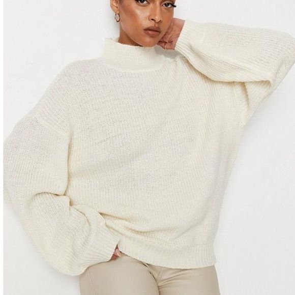 Missguided Sweaters - Missguided Recycled High Neck Oversized Cream Jumper Size 2 / 4